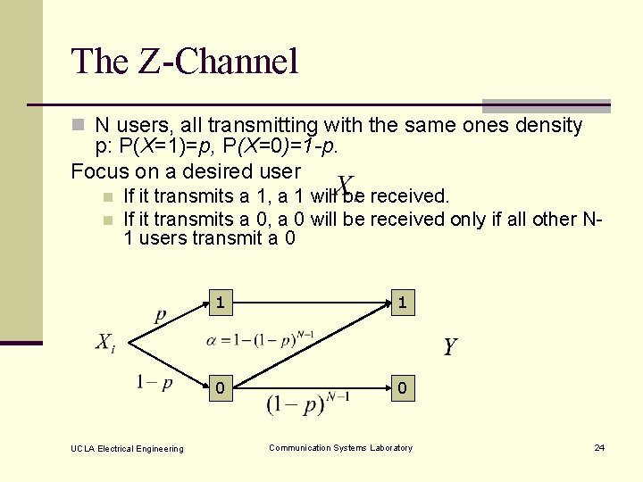 The Z-Channel n N users, all transmitting with the same ones density p: P(X=1)=p,