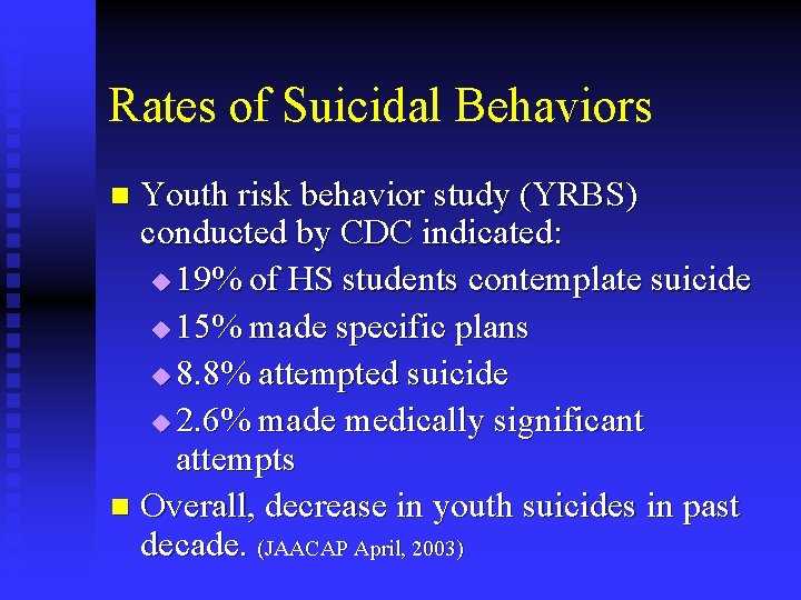 Rates of Suicidal Behaviors Youth risk behavior study (YRBS) conducted by CDC indicated: u