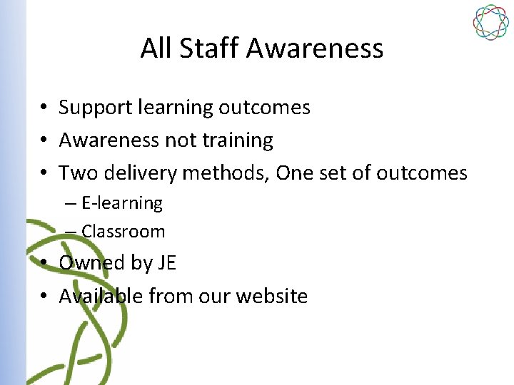 All Staff Awareness • Support learning outcomes • Awareness not training • Two delivery
