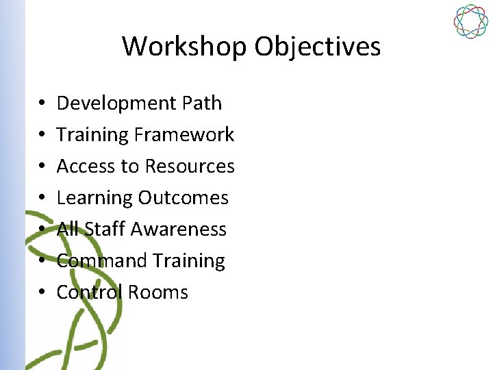 Workshop Objectives • • Development Path Training Framework Access to Resources Learning Outcomes All