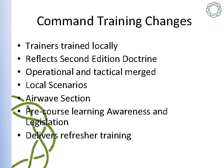 Command Training Changes Trainers trained locally Reflects Second Edition Doctrine Operational and tactical merged