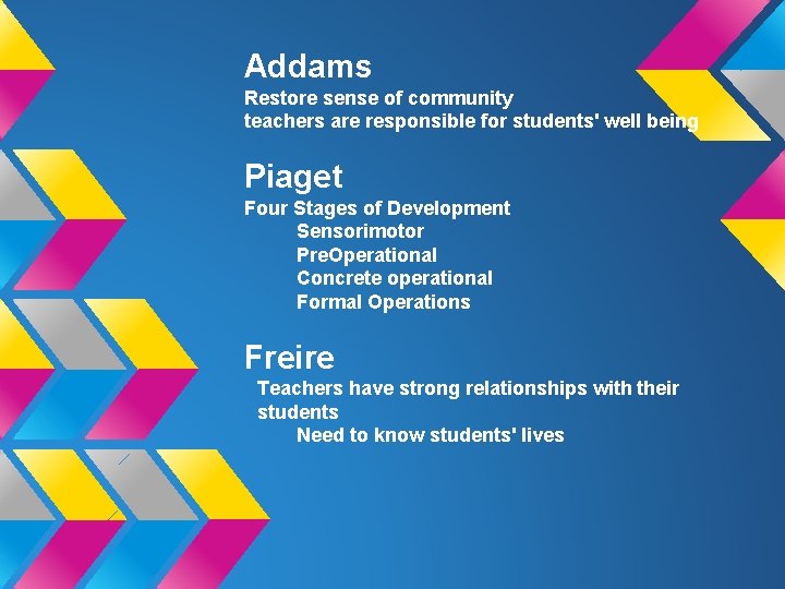 Addams Restore sense of community teachers are responsible for students' well being Piaget Four