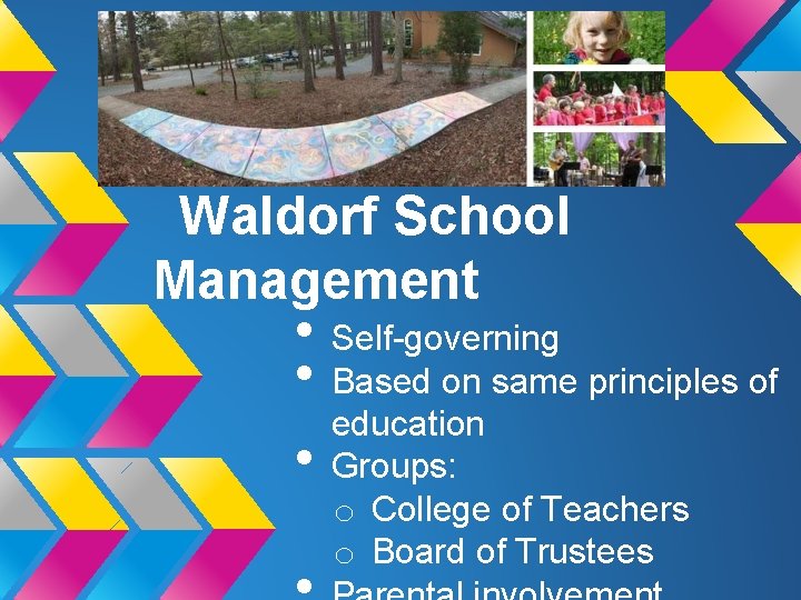 Waldorf School Management • Self-governing • Based on same principles of education • Groups: