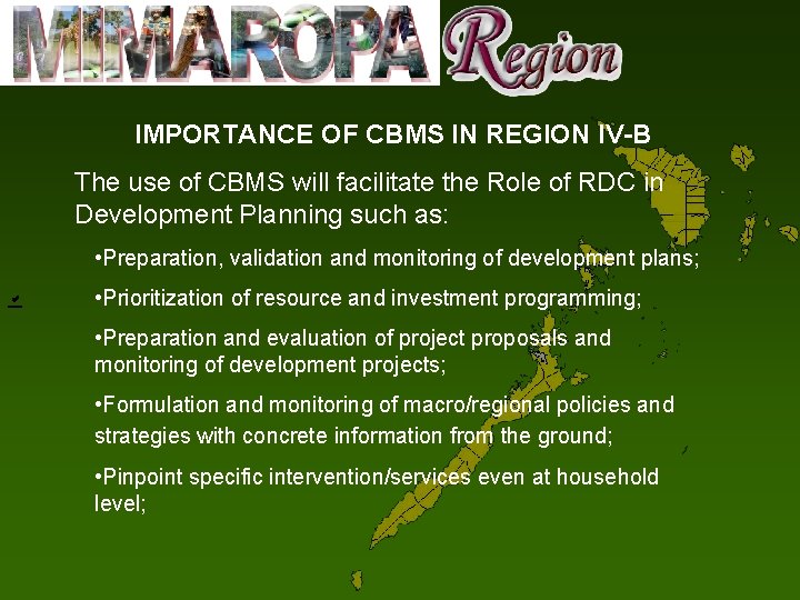 IMPORTANCE OF CBMS IN REGION IV-B The use of CBMS will facilitate the Role