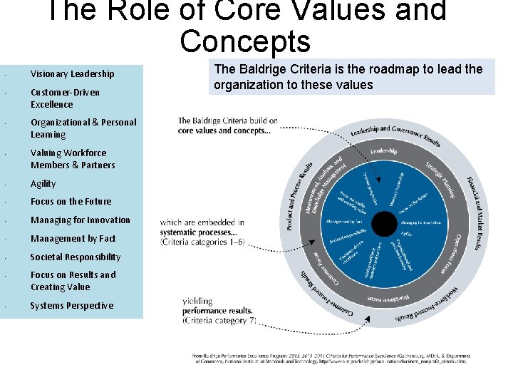 The Role of Core Values and Concepts • • Visionary Leadership Customer-Driven Excellence Organizational