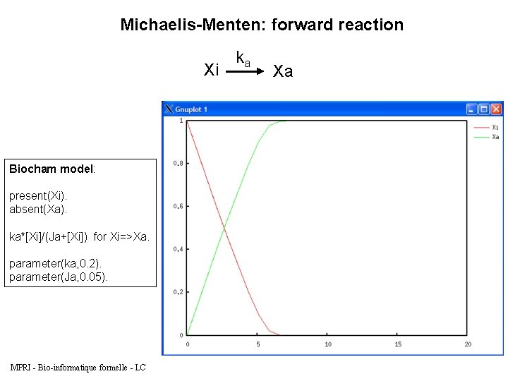 Michaelis-Menten: forward reaction Xi Biocham model: present(Xi). absent(Xa). ka*[Xi]/(Ja+[Xi]) for Xi=>Xa. parameter(ka, 0. 2).