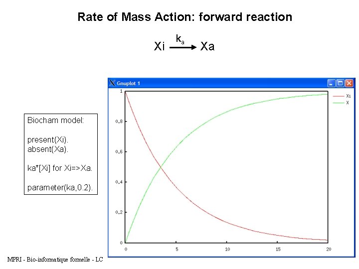 Rate of Mass Action: forward reaction Xi Biocham model: present(Xi). absent(Xa). ka*[Xi] for Xi=>Xa.