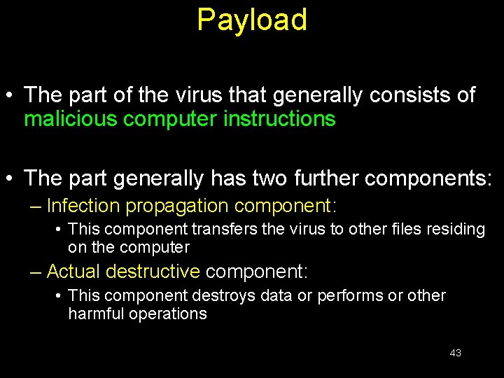 Payload • The part of the virus that generally consists of malicious computer instructions
