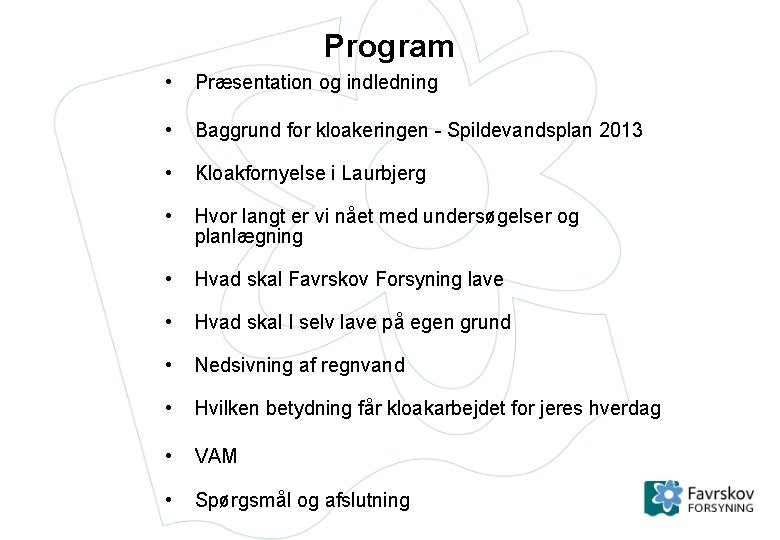 Program • Præsentation og indledning • Baggrund for kloakeringen - Spildevandsplan 2013 • Kloakfornyelse