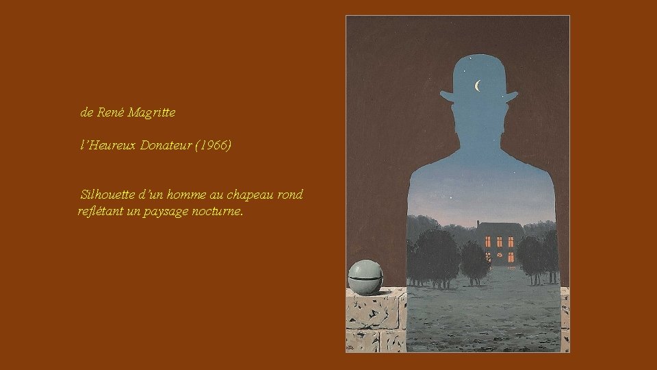 de René Magritte l’Heureux Donateur (1966) Silhouette d’un homme au chapeau rond reflétant un