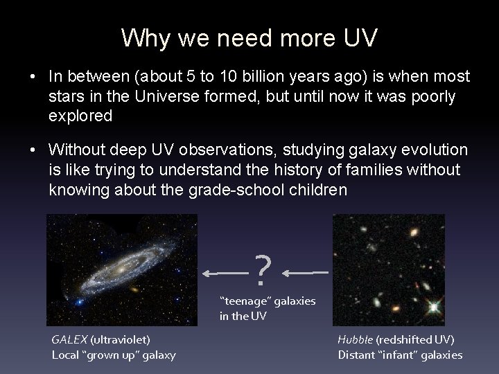 Why we need more UV • In between (about 5 to 10 billion years