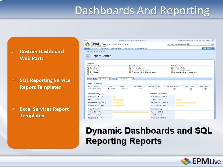 Dashboards And Reporting ü Custom Dashboard Web Parts ü SQL Reporting Service Report Templates
