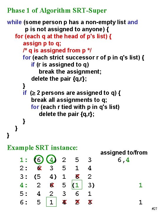 Phase 1 of Algorithm SRT-Super while (some person p has a non-empty list and