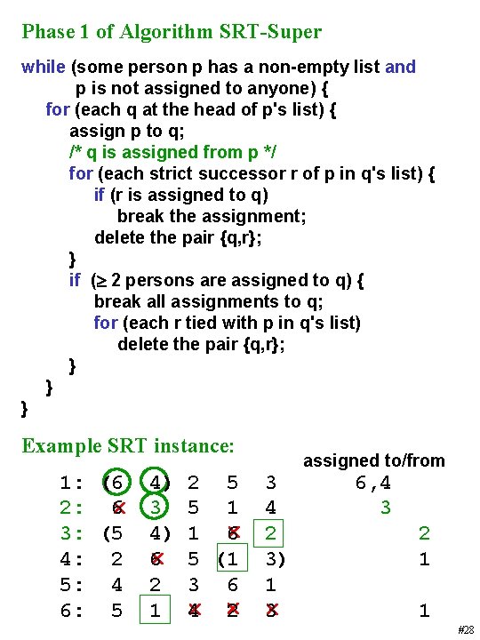 Phase 1 of Algorithm SRT-Super while (some person p has a non-empty list and