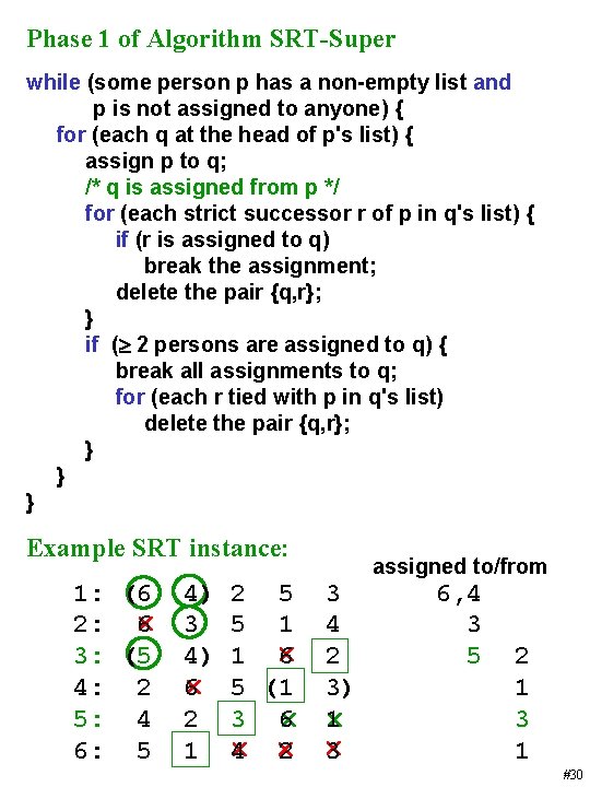 Phase 1 of Algorithm SRT-Super while (some person p has a non-empty list and