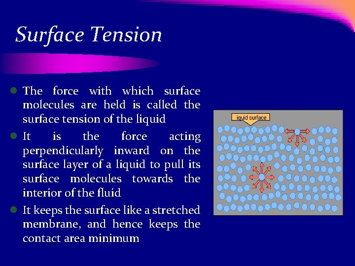 Surface Tension l The force with which surface molecules are held is called the