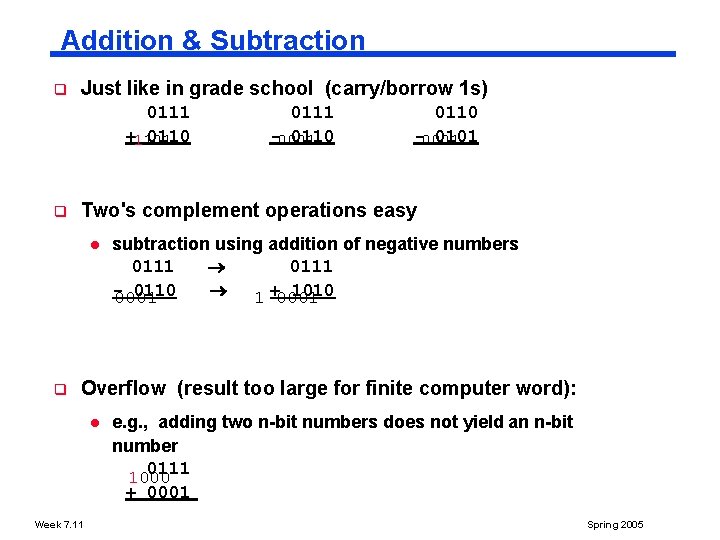 Addition & Subtraction q Just like in grade school (carry/borrow 1 s) 0111 +1101