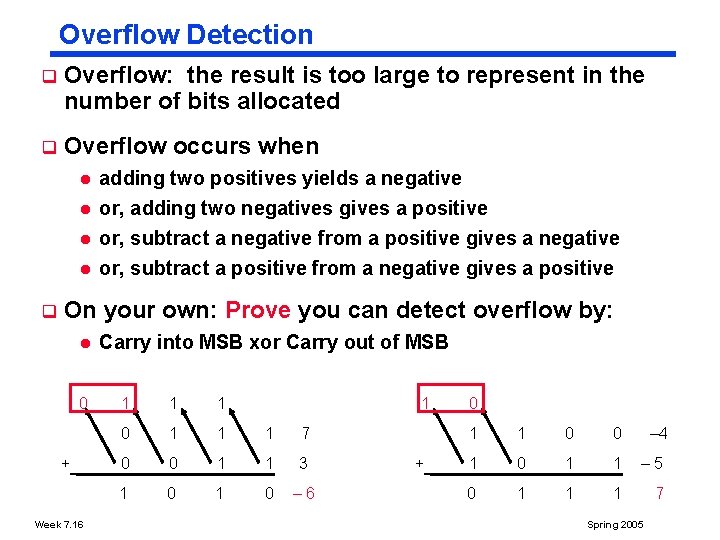 Overflow Detection q Overflow: the result is too large to represent in the number