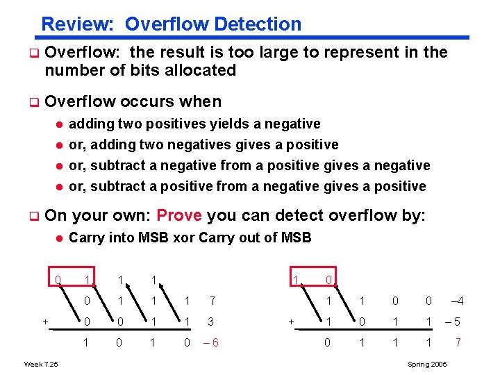 Review: Overflow Detection q Overflow: the result is too large to represent in the