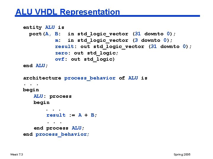 ALU VHDL Representation entity ALU is port(A, B: in std_logic_vector (31 downto 0); m: