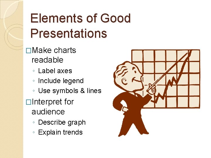Elements of Good Presentations �Make charts readable ◦ Label axes ◦ Include legend ◦