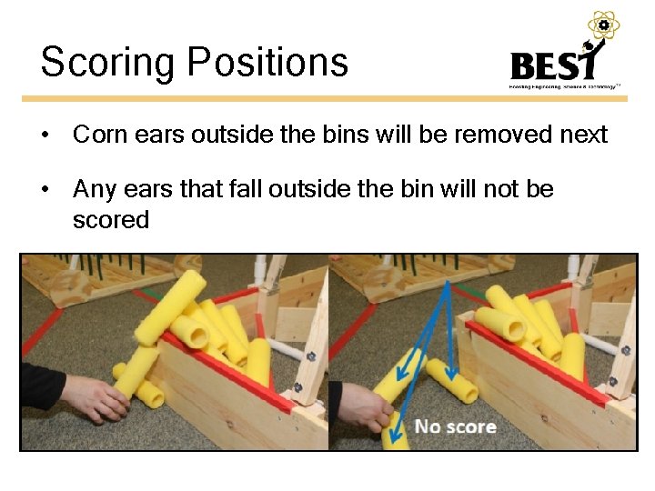 Scoring Positions • Corn ears outside the bins will be removed next • Any