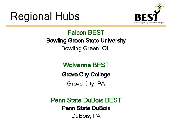 Regional Hubs Falcon BEST Bowling Green State University Bowling Green, OH Wolverine BEST Grove