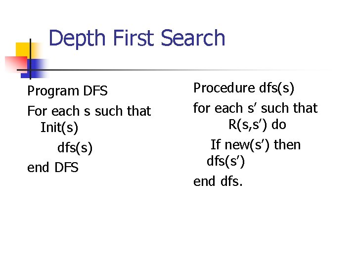 Depth First Search Program DFS For each s such that Init(s) dfs(s) end DFS