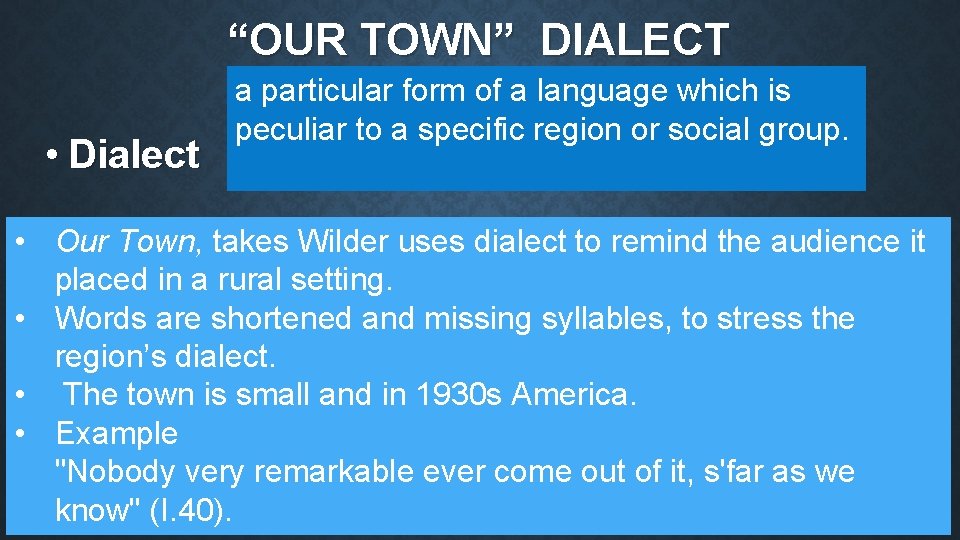 “OUR TOWN” DIALECT a THORNTON particular form of a. WILDER language which is •