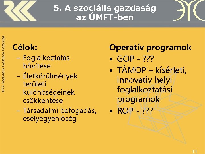 MTA Regionális Kutatások Központja 5. A szociális gazdaság az ÚMFT-ben Célok: – Foglalkoztatás bővítése