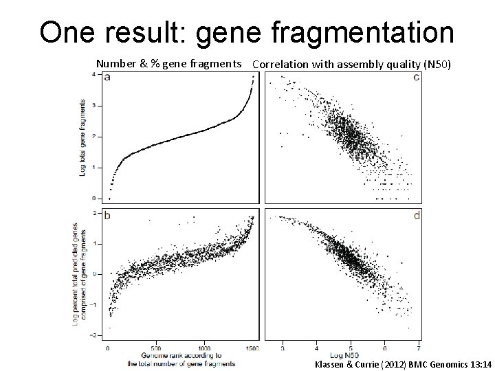 One result: gene fragmentation Number & % gene fragments Correlation with assembly quality (N