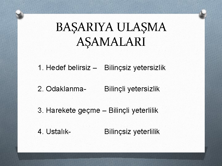 BAŞARIYA ULAŞMA AŞAMALARI 1. Hedef belirsiz – Bilinçsiz yetersizlik 2. Odaklanma- Bilinçli yetersizlik 3.