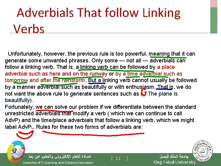 Adverbials That follow Linking Verbs Unfortunately, however, the previous rule is too powerful, meaning