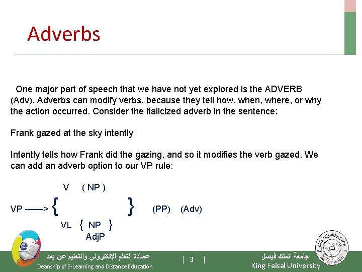Adverbs One major part of speech that we have not yet explored is the
