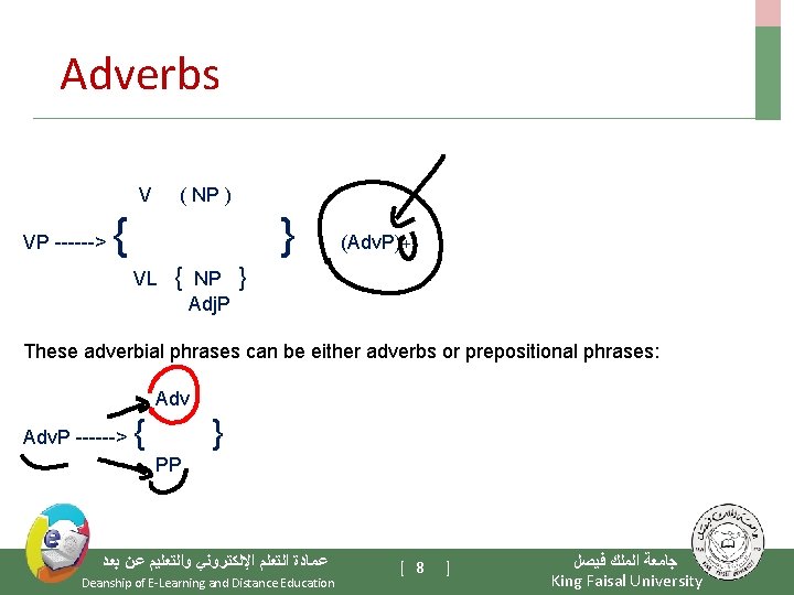 Adverbs V VP ------> ( NP ) { } VL { NP Adj. P