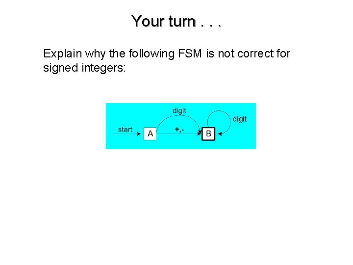 Your turn. . . • Explain why the following FSM is not correct for