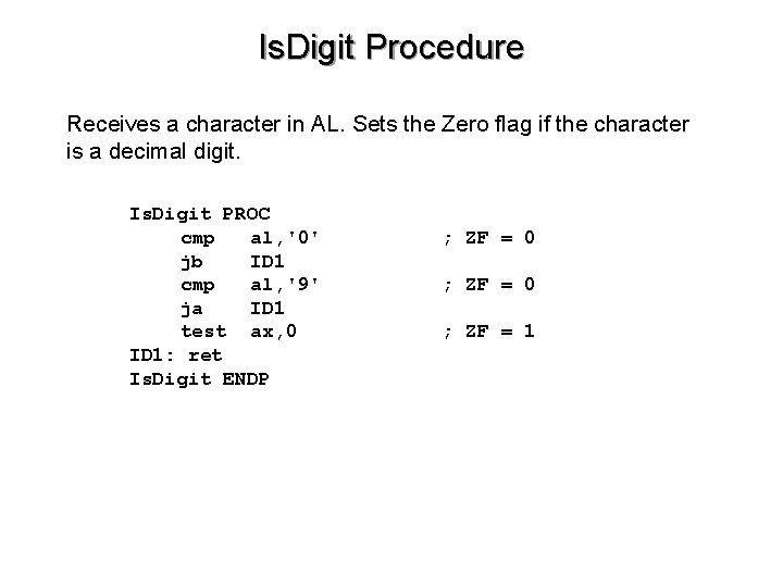 Is. Digit Procedure Receives a character in AL. Sets the Zero flag if the