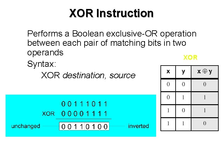 XOR Instruction • Performs a Boolean exclusive-OR operation between each pair of matching bits