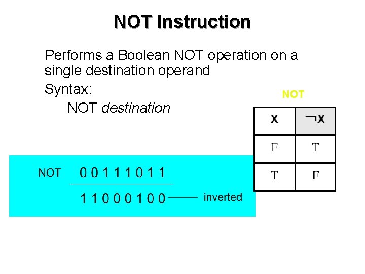 NOT Instruction • Performs a Boolean NOT operation on a single destination operand •