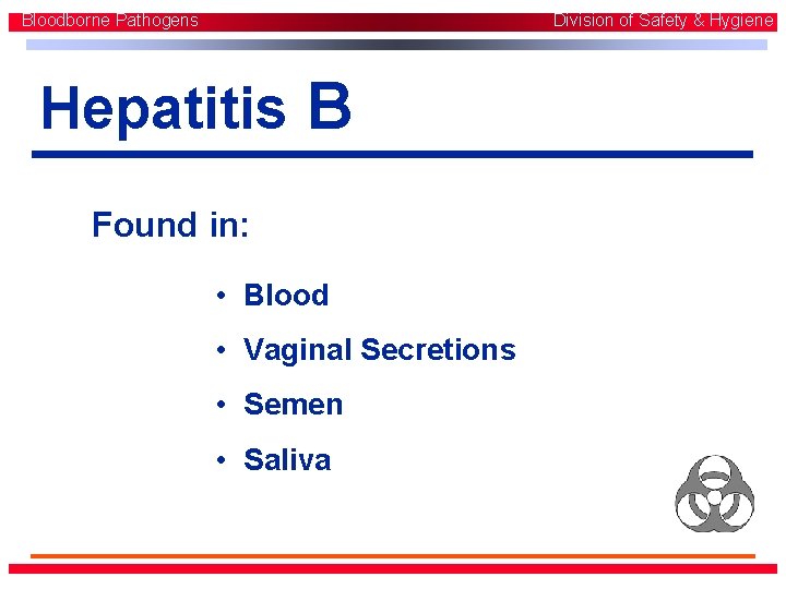 Bloodborne Pathogens Division of Safety & Hygiene Hepatitis B Found in: • Blood • Bloodborne Pathogens Division of Safety & Hygiene Hepatitis B Found in: • Blood •