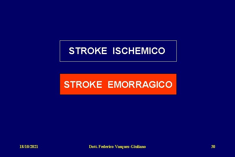 STROKE ISCHEMICO STROKE EMORRAGICO 18/10/2021 Dott. Federico Vasquez-Giuliano 30 