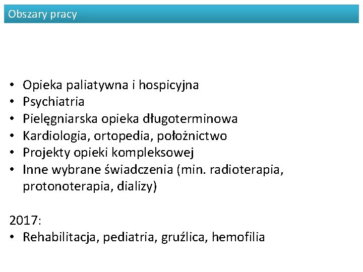 Obszary pracy • • • Opieka paliatywna i hospicyjna Psychiatria Pielęgniarska opieka długoterminowa Kardiologia,