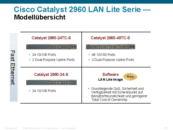 Cisco Catalyst 2960 LAN Lite Serie — Modellübersicht Fast Ethernet Catalyst 2960 -24 TC-S