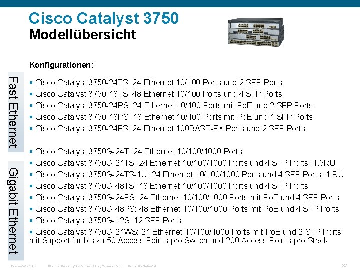 Cisco Catalyst 3750 Modellübersicht Konfigurationen: Fast Ethernet § Cisco Catalyst 3750 -24 TS: 24