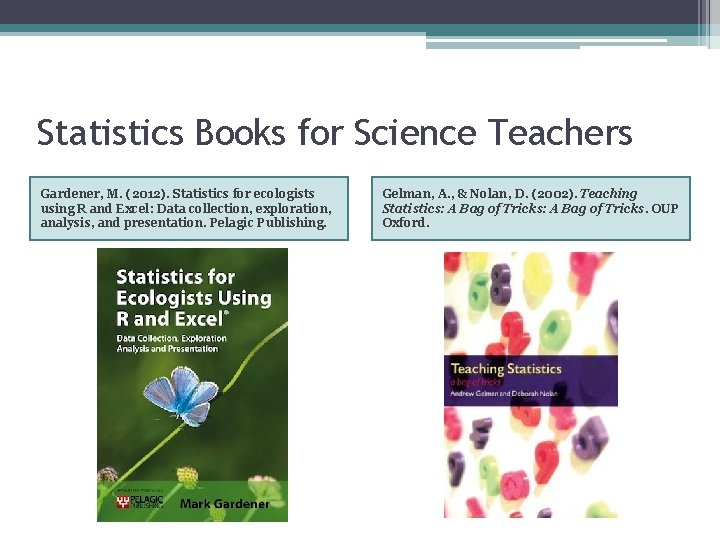 Statistics Books for Science Teachers Gardener, M. (2012). Statistics for ecologists using R and