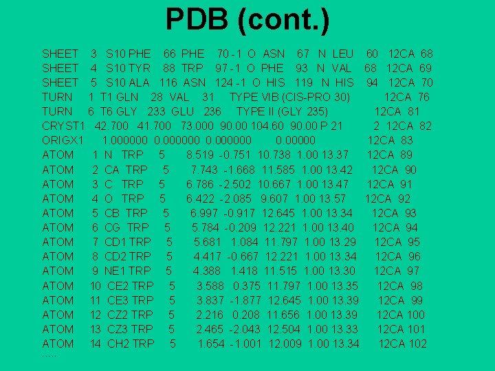 PDB (cont. ) SHEET 3 S 10 PHE 66 PHE 70 -1 O ASN