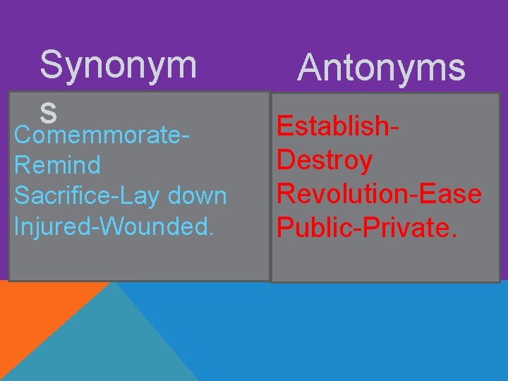 Synonym s Comemmorate. Remind Sacrifice-Lay down Injured-Wounded. Antonyms Establish. Destroy Revolution-Ease Public-Private. Synonym s Comemmorate. Remind Sacrifice-Lay down Injured-Wounded. Antonyms Establish. Destroy Revolution-Ease Public-Private.