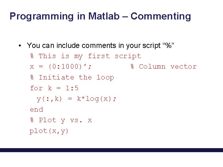 Programming in Matlab – Commenting • You can include comments in your script “%”