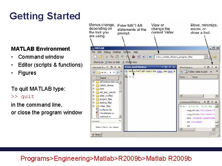 Getting Started MATLAB Environment • Command window • Editor (scripts & functions) • Figures