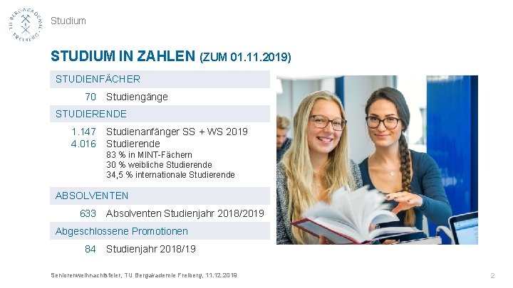 Studium STUDIUM IN ZAHLEN (ZUM 01. 11. 2019) STUDIENFÄCHER 70 Studiengänge STUDIERENDE 1. 147